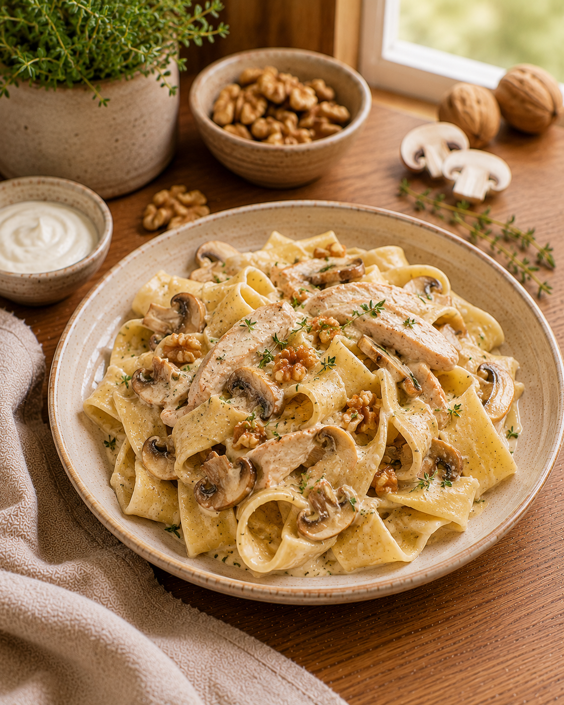 Pappardelle VS22 con Pollo Blanco, Hongos y Salsa de Yogur-Nueces