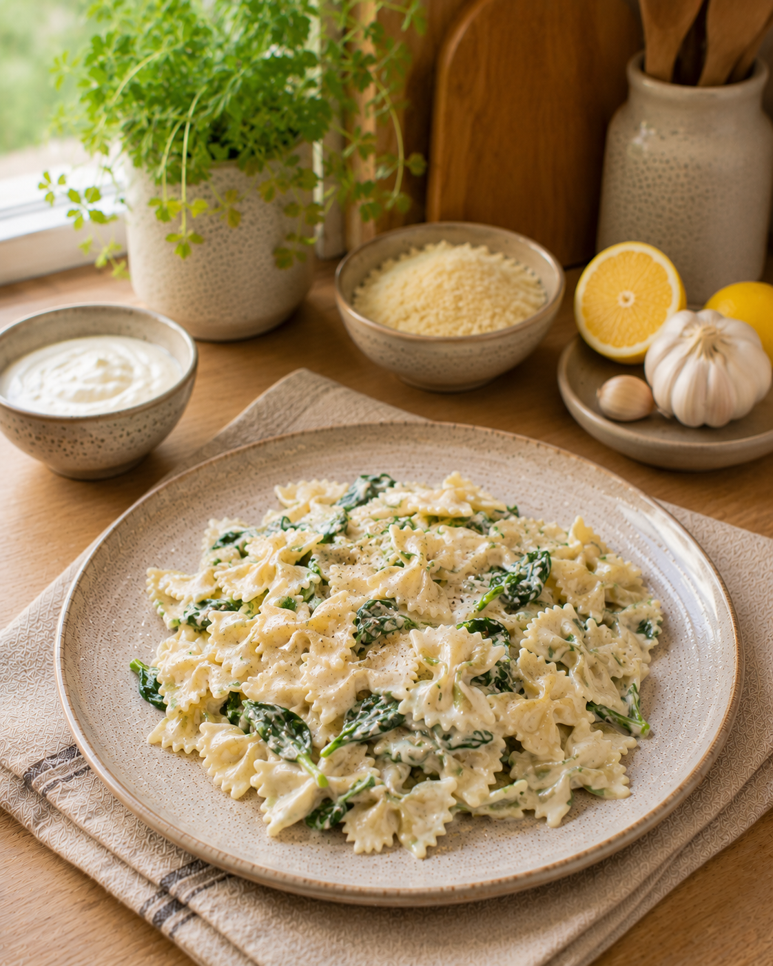 Farfalle VS22 de Almendra con Salsa Yogur-Limón y Espinaca