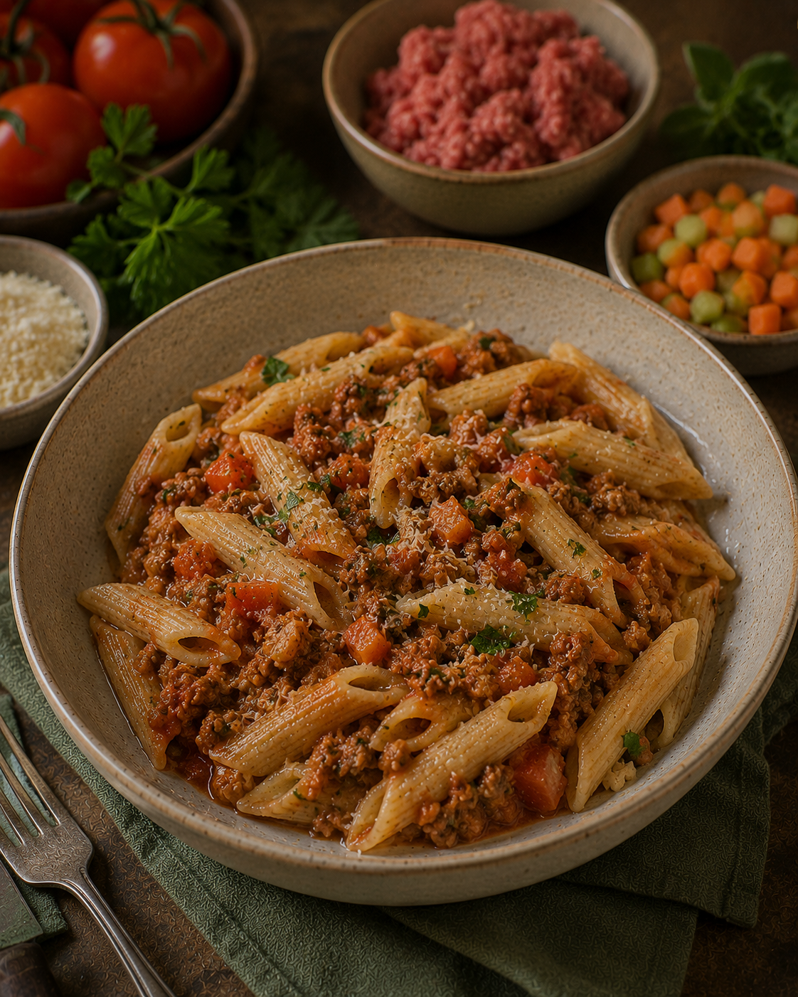 Penne VS22 Manuales Rústicos con Salsa Bolognesa Liviana