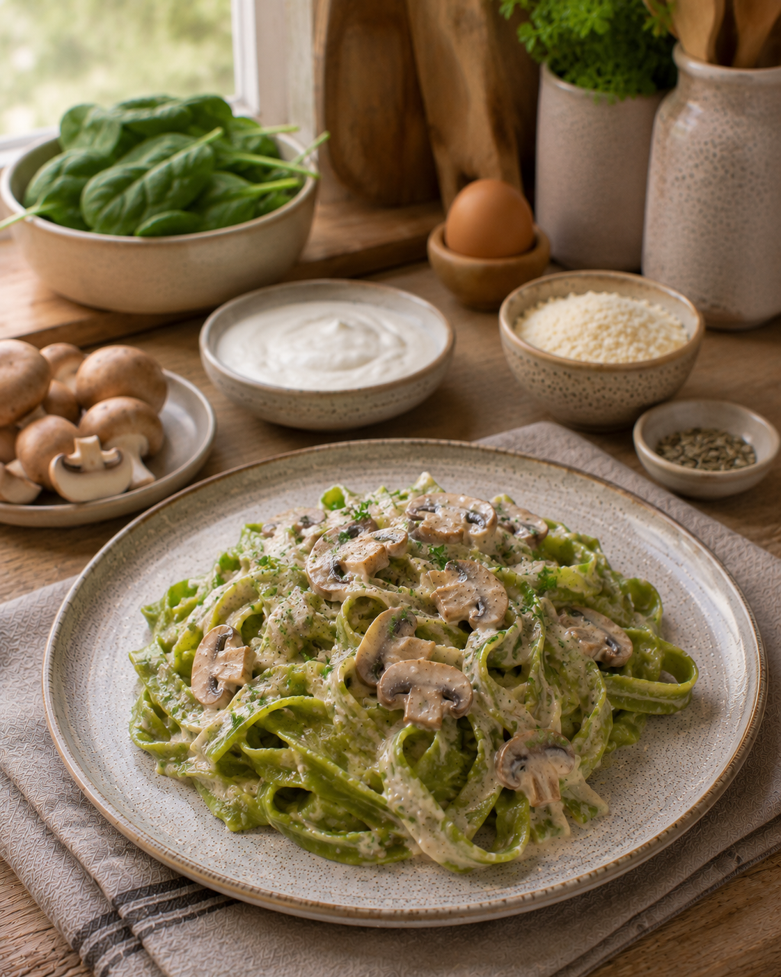 Cintas VS22 Verdes de Espinaca con Crema Liviana de Champiñones