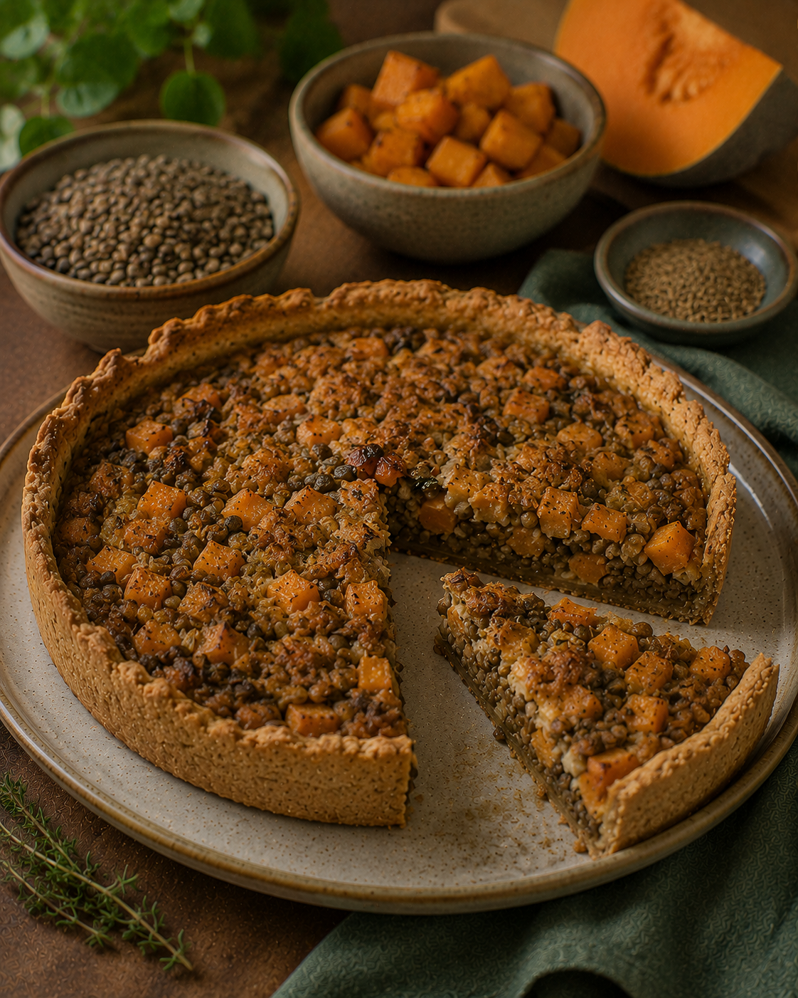 Tarta VS22 De Lentejas, Calabaza Asada Y Comino Suave